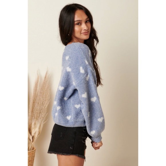 SOLD OUT Dusty Blue Heart Print Valentines Day Knit Drop Shoulder Knit Sweater - Picture 2 of 5